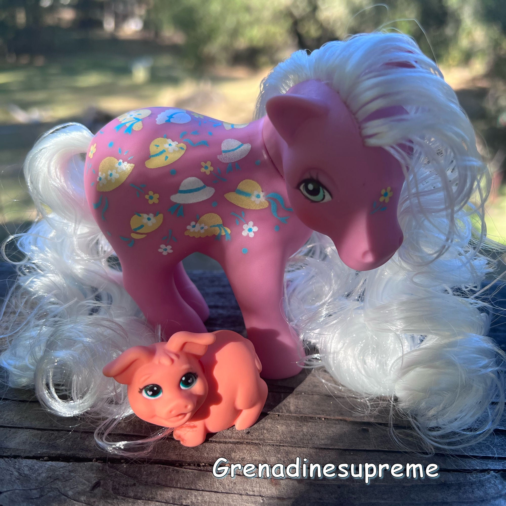 G1 My Little Pony Bonnie Bonnets in the Sundance pose, restored with Angel White Nylon Doll Hair from Shimmer Locks. This bright white nylon fiber provides a period-accurate color and material match for 1980s pony manes and tails.