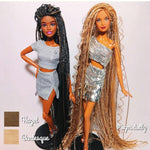 Two custom-rooted fashion dolls standing side-by-side. The doll on the right features ultra-long, cascading Burlesque Blonde and Hazel Blonde nylon micro braids that extend past her knees with a rich, dimensional golden luster and crimped texture.