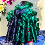 Back view of Monster High Jinafire Long custom reroot showcasing tight 10mm ringlet curl definition in Dark Embrace dark purple and Emerald Green nylon hair from Shimmer Locks. Rerooted by @celenas dolls.