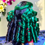 Back view of Monster High Jinafire Long custom reroot showcasing tight 10mm ringlet curl definition in Dark Embrace dark purple and Emerald Green nylon hair from Shimmer Locks. Rerooted by @celenas dolls.