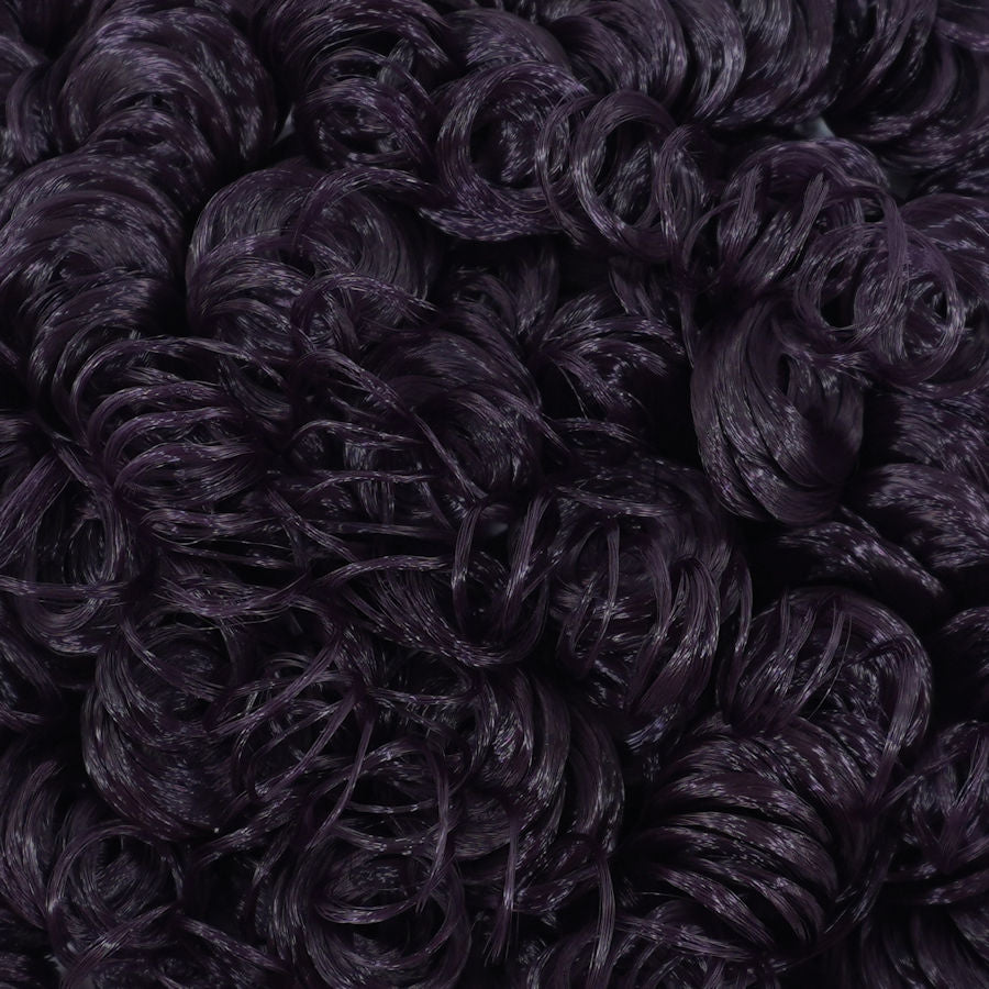 Close-up of Dark Embrace deep purple curly nylon doll hair by Shimmer Locks showing tight, defined ringlets. Great for rerooting Monster High and Barbie dolls.