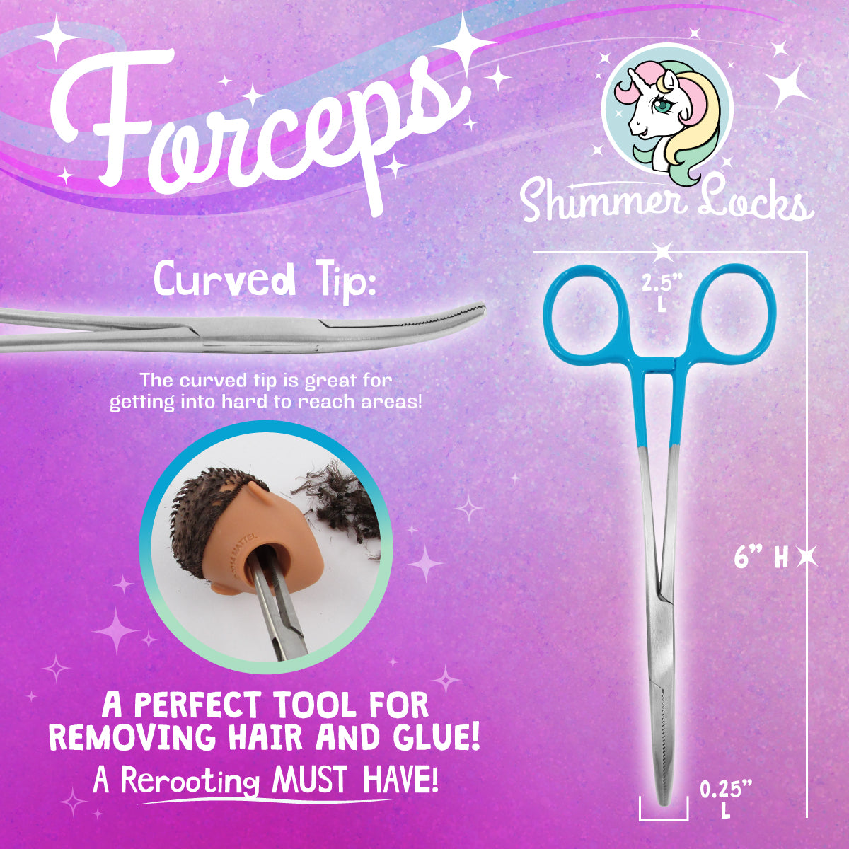 Blue-handled curved tip forceps removing old doll hair and factory glue through a doll head's neck hole before rerooting.