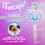 Blue-handled curved tip forceps removing old doll hair and factory glue through a doll head's neck hole before rerooting.