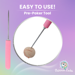 Pink, easy-grip rubber handle pre-poker tool demonstrating how to pre-poke doll head plugs before rerooting hair.