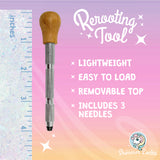 Rewiring tool with wooden top and metal body on a gradient background with text highlighting features.