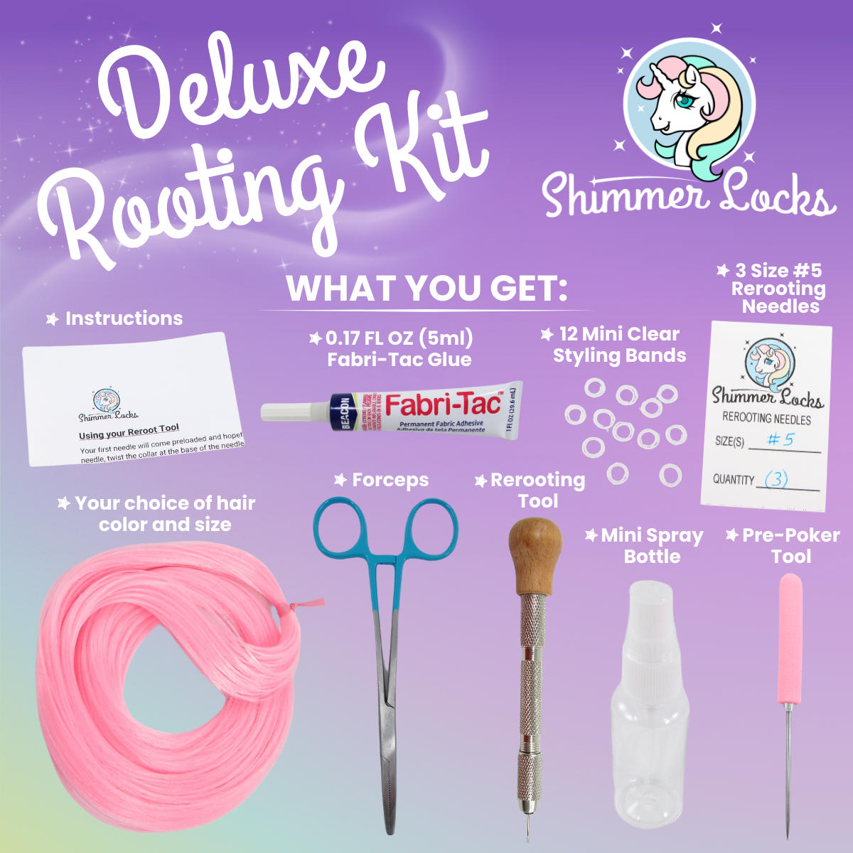 Deluxe doll hair rerooting kit includes reroot tool,  pre-poker tool, forceps, instructions, reroot needles, fabritac glue, styling bands, and mini spray bottle mister.