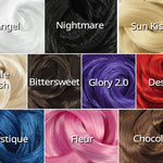 Six nylon hair color suggestions you can choose with your deluxe reroot kit: Angel, Nightmare, Sun Kissed, Pale Ash, Bittersweet, Glory 2.0, Desire, Mystique, Fleur, and Chocolate.