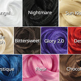 Six nylon hair color suggestions you can choose with your deluxe reroot kit: Angel, Nightmare, Sun Kissed, Pale Ash, Bittersweet, Glory 2.0, Desire, Mystique, Fleur, and Chocolate.