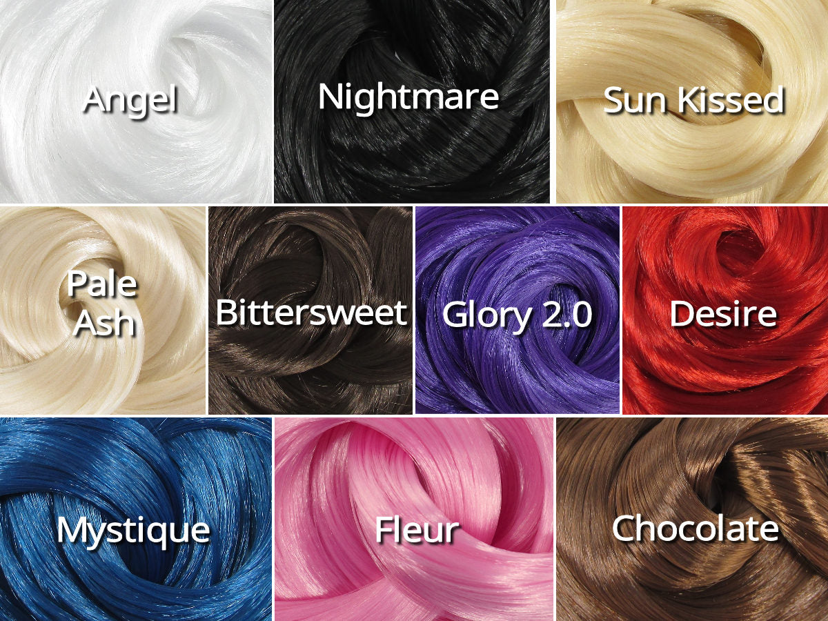 Six nylon hair color suggestions you can choose with your deluxe reroot kit: Angel, Nightmare, Sun Kissed, Pale Ash, Bittersweet, Glory 2.0, Desire, Mystique, Fleur, and Chocolate.