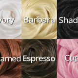 Six saran hair color suggestions you can choose with your deluxe reroot kit:  Ivory White, Barbara Blonde, Shadow Black, Untamed Brown, Espresso Brunette, and Cupid Pink