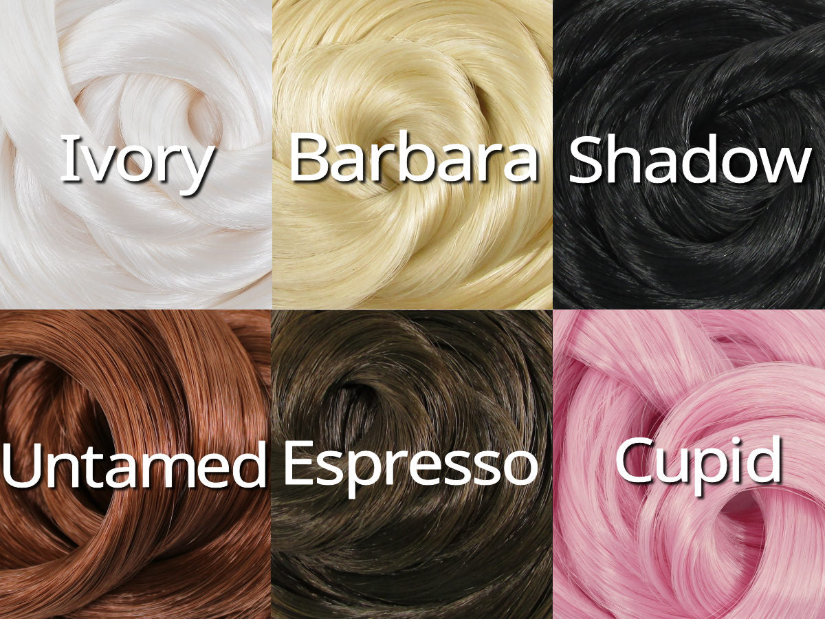Six saran hair color suggestions you can choose with your deluxe reroot kit:  Ivory White, Barbara Blonde, Shadow Black, Untamed Brown, Espresso Brunette, and Cupid Pink