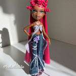 Full-body view of custom Bratz Pop Starz Sasha rerooted with Dragonfruit hot pink saran doll hair by @thedolldaddie. Shows total hair length and full outfit styling.