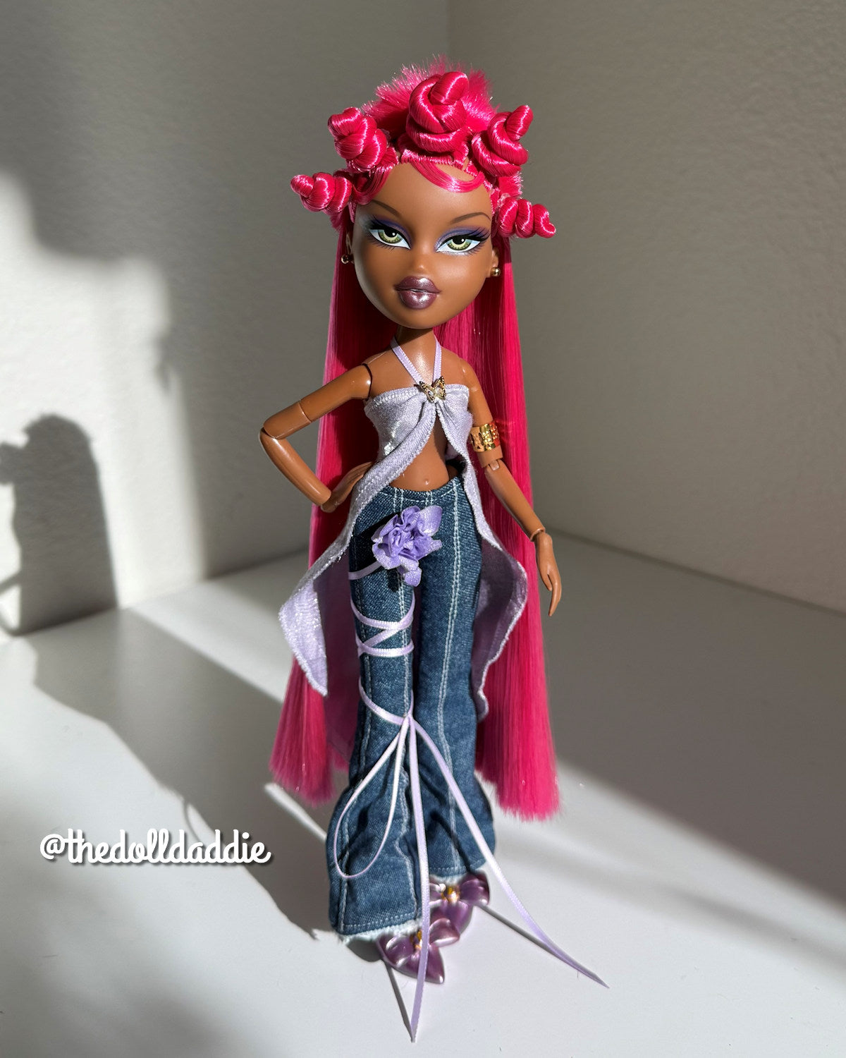 Full-body view of custom Bratz Pop Starz Sasha rerooted with Dragonfruit hot pink saran doll hair by @thedolldaddie. Shows total hair length and full outfit styling.