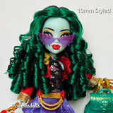 Front portrait of Monster High Jinafire Long custom rerooted with bouncy emerald green 10mm curly nylon doll hair from Shimmer Locks