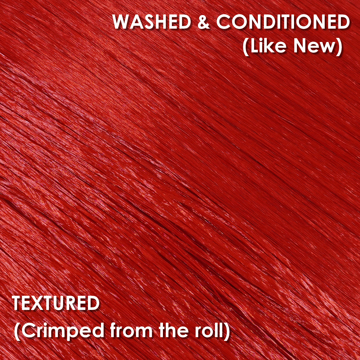 Forbidden Red saran doll hair texture comparison showing waxy crimped fiber straight from the roll versus silky washed and conditioned fiber