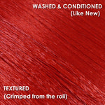 Forbidden Red saran doll hair texture comparison showing waxy crimped fiber straight from the roll versus silky washed and conditioned fiber