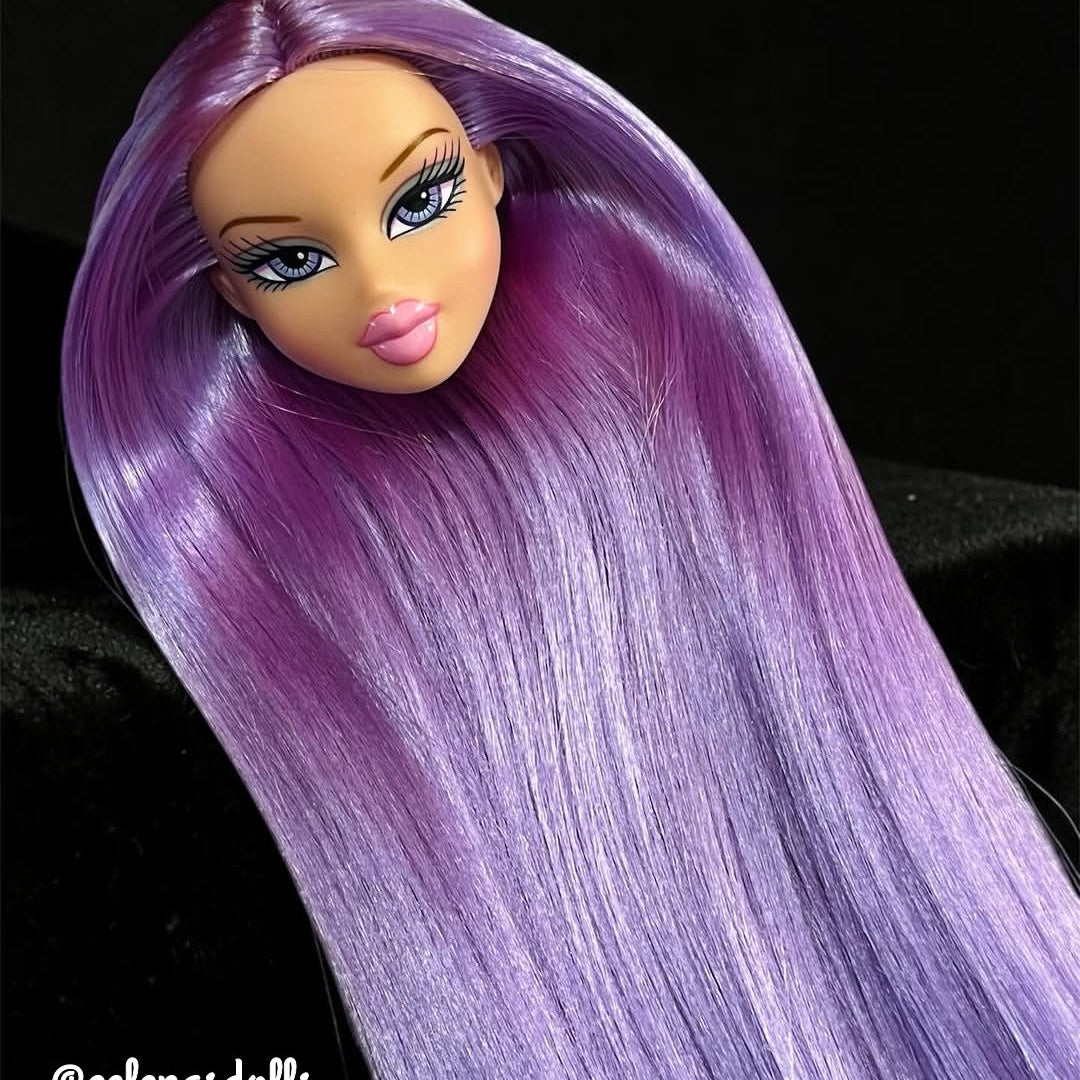 Front view of a custom Bratz doll head with long, straight Lilac Breeze light purple saran hair from Shimmer Locks. Rerooted by @celenasdolls.