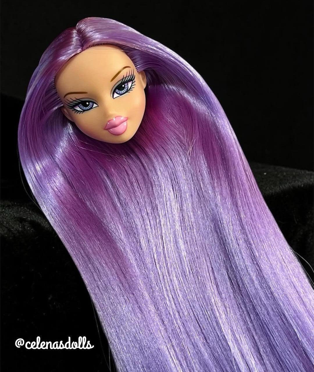 Front view of a custom Bratz doll head with long, straight Lilac Breeze light purple saran hair from Shimmer Locks. Rerooted by @celenasdolls.