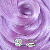 Close-up swatch of Lilac Breeze light pastel purple saran doll hair by Shimmer Locks showing smooth, glossy hair fiber. Great for rerooting Bratz and Barbie dolls.