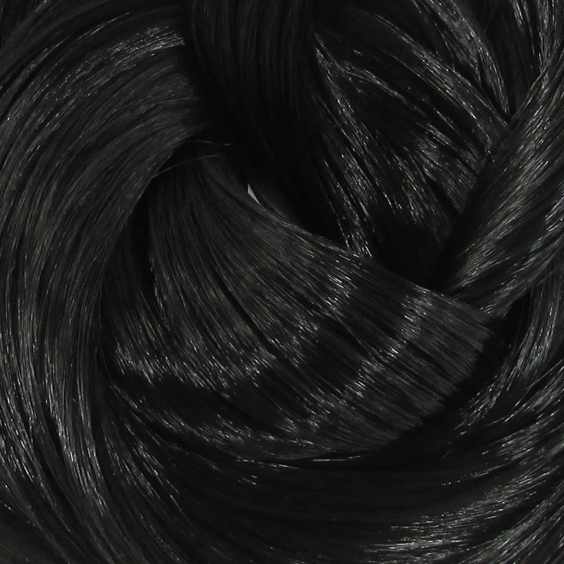 Nightmare Black Nylon doll hair by Shimmer Locks. Deep high-shine black fiber for Monster High, Rainbow High, and Bratz reroots. High-grade professional nylon for sleek straight styles and traditional cold-water set curls.