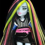 Custom Monster High Frankie Stein doll reroot featuring Pizzazz neon hot pink nylon doll hair mixed with black and lime green from Shimmer Locks. Rerooted by @celenasdolls.