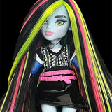 Custom Monster High Frankie Stein doll reroot featuring Pizzazz neon hot pink nylon doll hair mixed with black and lime green from Shimmer Locks. Rerooted by @celenasdolls.