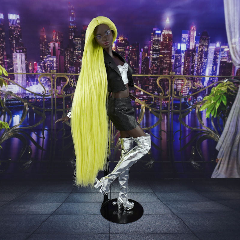 Full-length view of a custom Barbie doll rerooted with Shimmer Locks Radioactive neon green saran hair against a city skyline backdrop. Shows knee-length floor hair, middle part styling, and high-contrast color vibrancy.