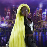 Portrait close-up of a custom rerooted Barbie doll featuring Shimmer Locks Radioactive neon green saran hair. Highlights the fine fiber texture, side-swept front styling, and bright sheen.