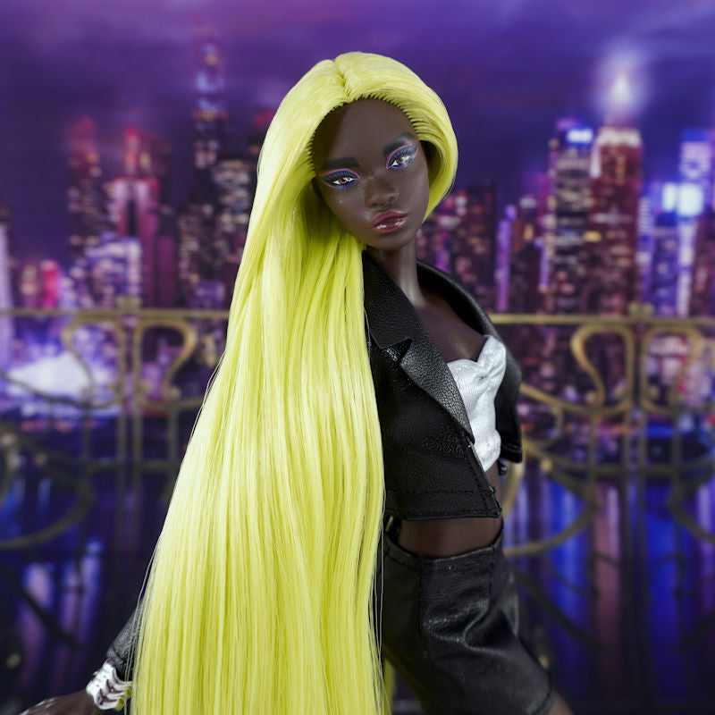 Portrait close-up of a custom rerooted Barbie doll featuring Shimmer Locks Radioactive neon green saran hair. Highlights the fine fiber texture, side-swept front styling, and bright sheen.