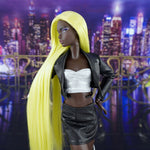 Three-quarter view of custom Barbie Looks #10 Simone styled in a black leather outfit with extra-long Shimmer Locks Radioactive neon green saran hair. Showcases hair length running down the body and sleek fiber flow.