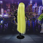 Back view of custom Barbie Looks #10 Simone rerooted with Shimmer Locks Radioactive neon green saran hair. Highlights hair density, full coverage, and straight floor-length finish.