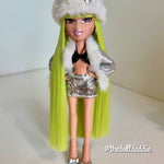Full-body view of custom Bratz Wintertime Wonderland Jade rerooted with Shimmer Locks Radioactive neon green saran doll hair by @thedolldaddie. Shows total hair length, straight bangs, and fur winter outfit styling.