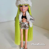 Full-body view of custom Bratz Wintertime Wonderland Jade rerooted with Shimmer Locks Radioactive neon green saran doll hair by @thedolldaddie. Shows total hair length, straight bangs, and fur winter outfit styling.