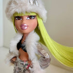 Angled dynamic shot of custom Bratz Wintertime Wonderland Jade with Shimmer Locks Radioactive neon green saran doll hair by @thedolldaddie. Highlights how direct light catches the neon fiber as the hair flows to the side.