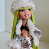 Mid-length outfit shot of custom Bratz Wintertime Wonderland Jade with Shimmer Locks Radioactive neon green saran doll hair rerooted by @thedolldaddie. Showcases hair length running down the sides of the silver sequin outfit.