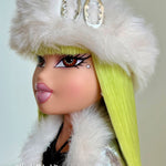 Side profile close-up of custom Bratz Wintertime Wonderland Jade featuring Shimmer Locks Radioactive neon green saran doll hair by @thedolldaddie. Highlights hairline, bangs precision, and bright fiber color vibrancy.