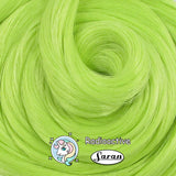 Close-up of Radioactive neon green saran doll hair for rerooting and restoration.