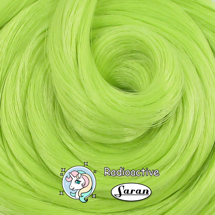 Close-up of Radioactive neon green saran doll hair for rerooting and restoration.