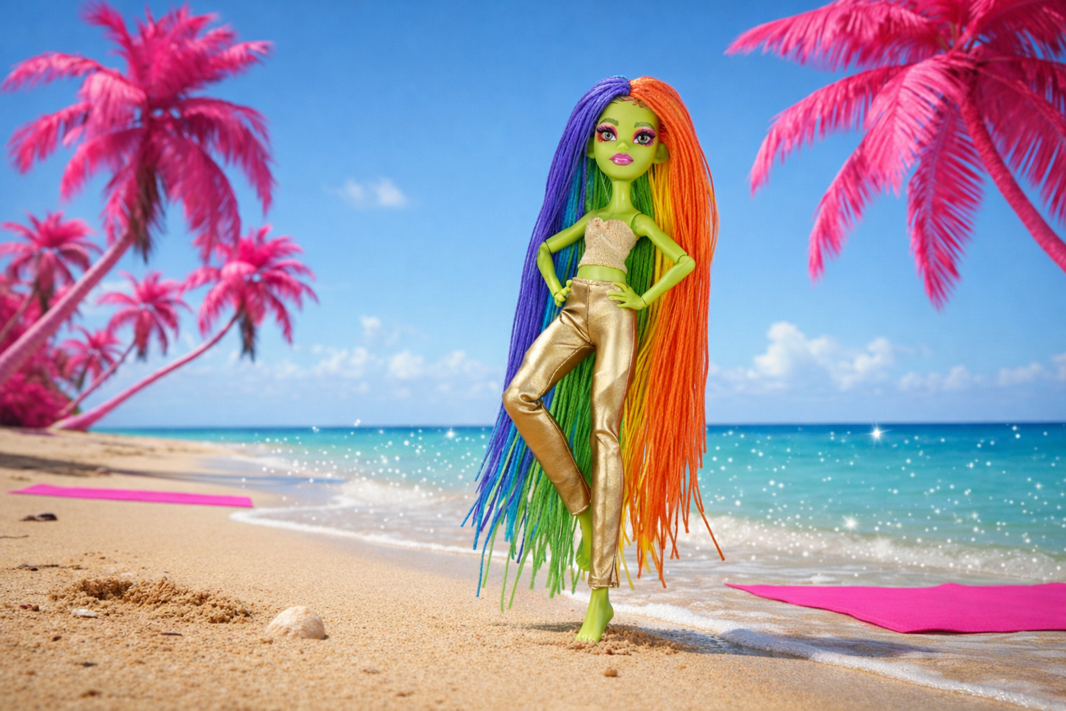 Colorful doll with rainbow hair and gold outfit on a beach with pink palm trees