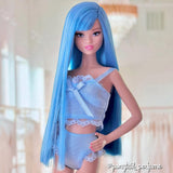 Custom Barbie doll with long, poker straight Seaside Blue Saran hair and blunt bangs, showcasing the flat scalp layout and heavy, silky drape of the ocean blue Japanese fiber.