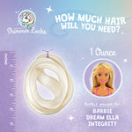 1 ounce of doll hair is the perfect amount to reroot Barbie, Integrity, Defa Lucy, & Dream Ella dolls. Shimmer Locks graphic titled, "How much hair will you need?"