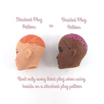 "Root only every third plug when using braids on a standard plug pattern." The light-skinned doll head on the left shows a dense, standard factory hairline pattern, while the dark-skinned doll head on the right showcases a custom braided plug pattern where the hairline holes are spaced much further apart to allow proper room for micro braids. This instruction is shown in a side profile view comparing the hairlines of two bald fashion doll heads as part of a diagram explaining doll hair rerooting patterns.